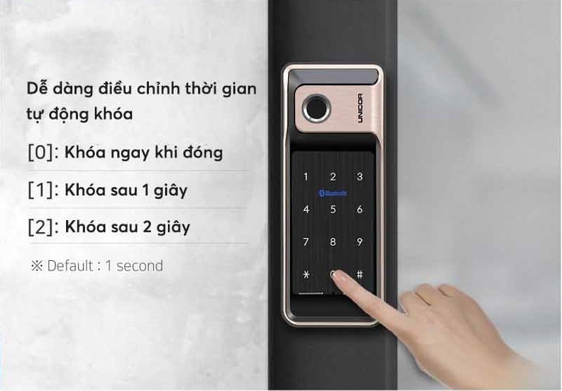 Khóa cửa kính vân tay UNICOR GR500 : khóa ngay khi đóng hoặc khóa sau 1,2 giây khi đóng cửa.