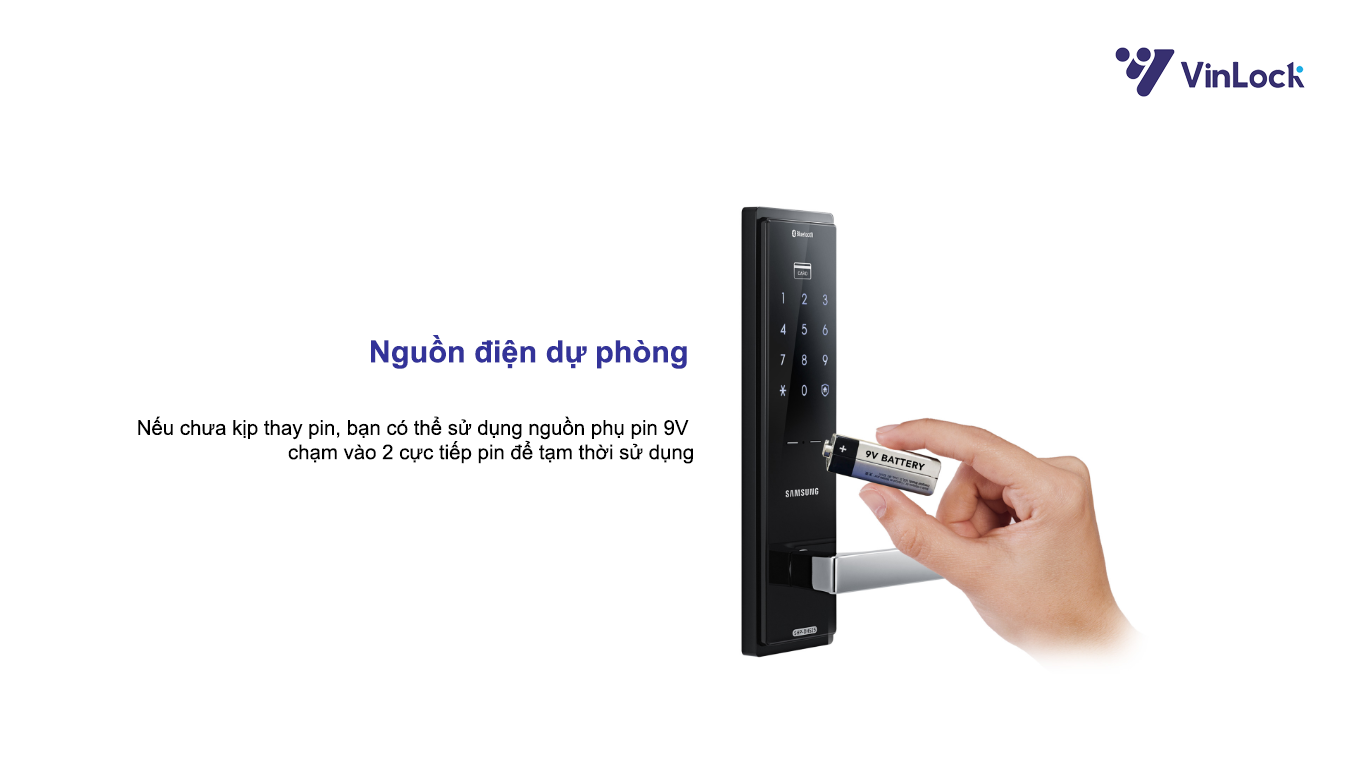 KHÓA CỬA TAY NẮM SAMSUNG SHP DH525 MK/EN có nguồn điện dự phòng