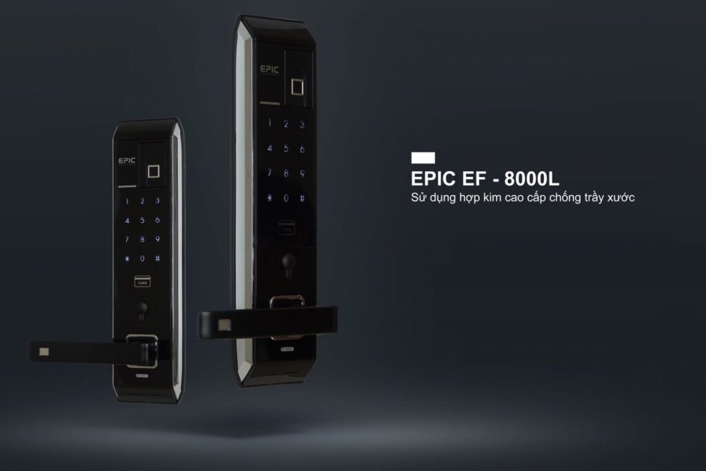 thiết kế mặt của khóa điện tử epic ef 8000l, chất liệu hợp kim cao cấp, mặt gương cảm ứng mã số, tay gạt ngang