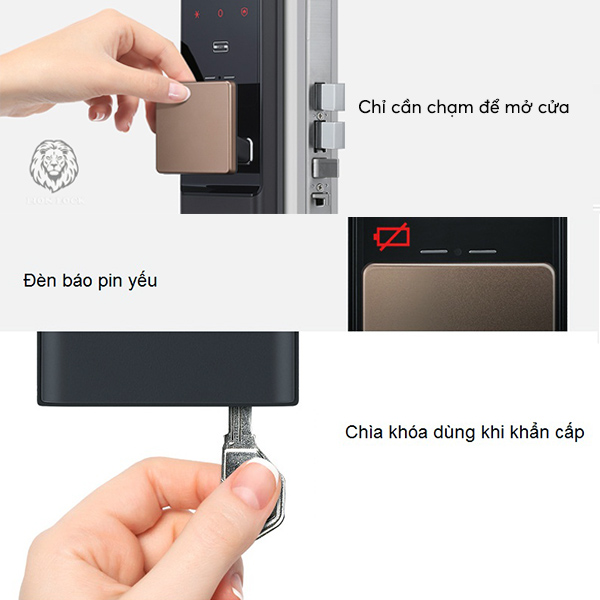 mở khóa bằng tay cầm push pull, chìa co và cảnh báo pin yếu trên KHÓA VÂN TAY SAMSUNG SHP-DR900